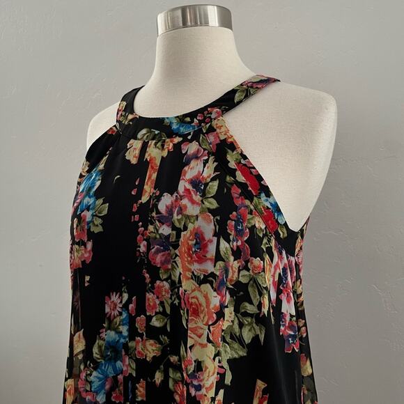 Betsey Johnson Floral Chiffon Halter Swing Dress Flowy Colorful Black Size 2 - Picture 5 of 11